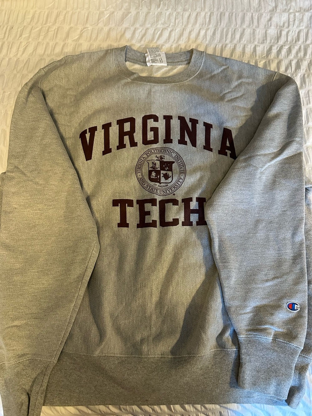 Champion Gray Crewneck Sweatshirt with Maroon Virginia Tech Print